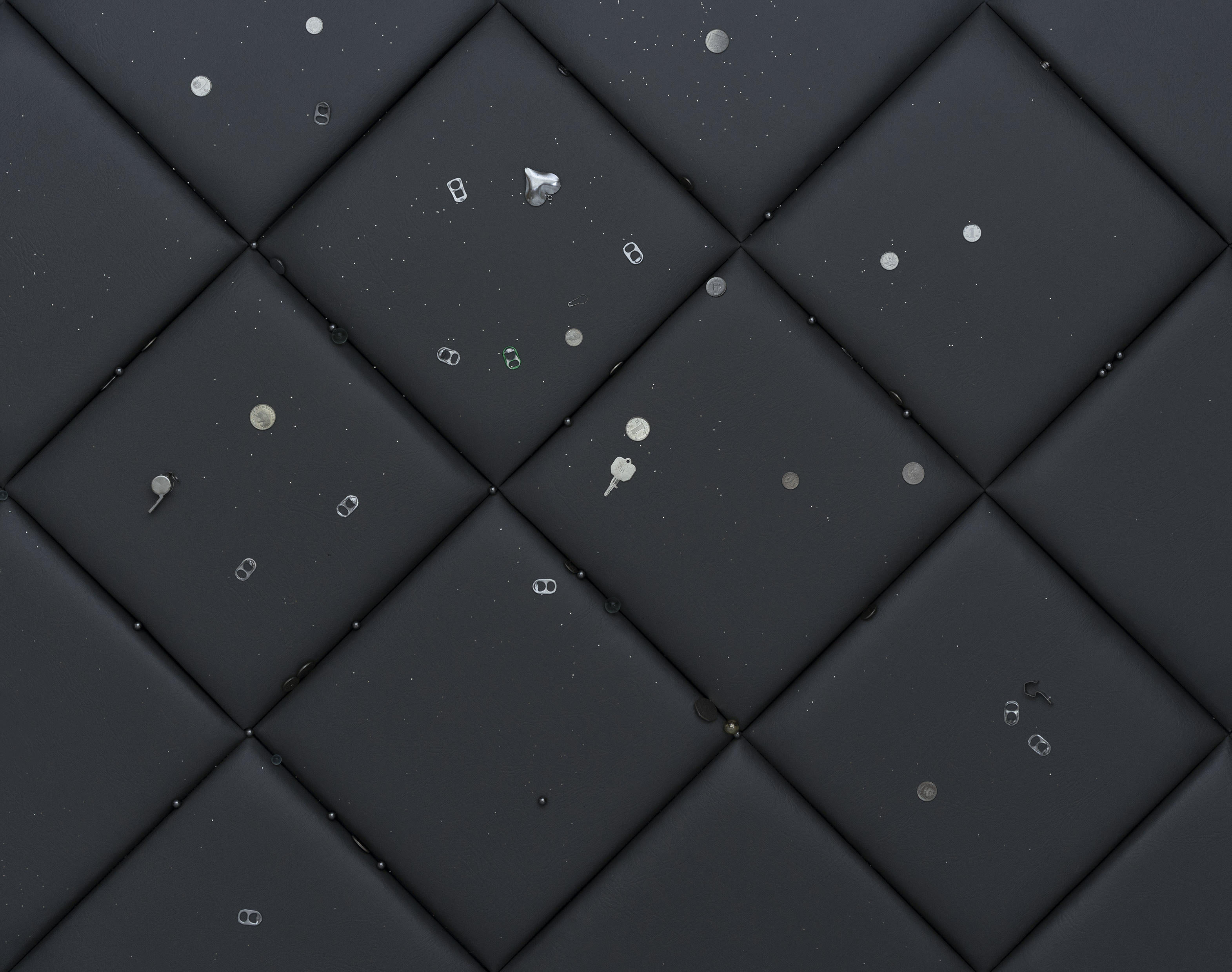 Agata Madejska, Essentials, 2024. Leatherette, plywood, carpet underlay, steel, ring pulls, marbles, money, glitter, keys, whistles, toy cars, personal and found objects. Site-specific flooring installation, dimensions variable. (AGATA MADEJSKA: 0)