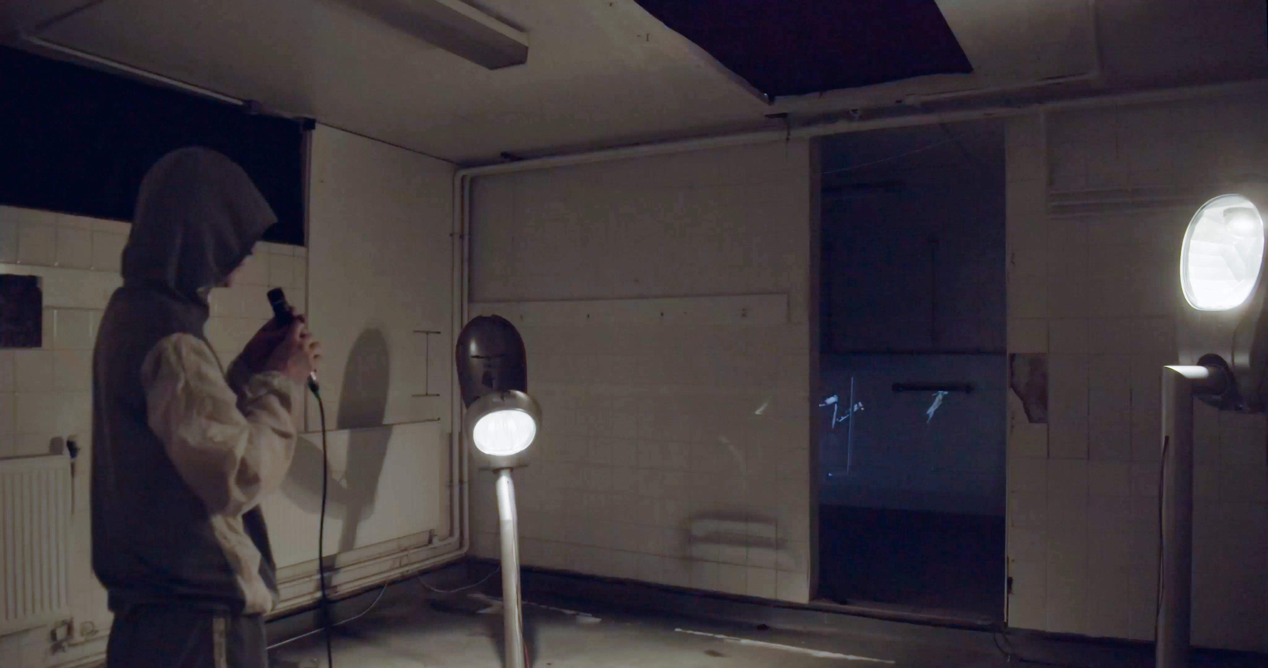 'How Sweet is the Shade?' Performance documentation. Two street lamps rewired and programmed to respond to the amplitude and frequency of sound. (Eleanor Arnold 2)